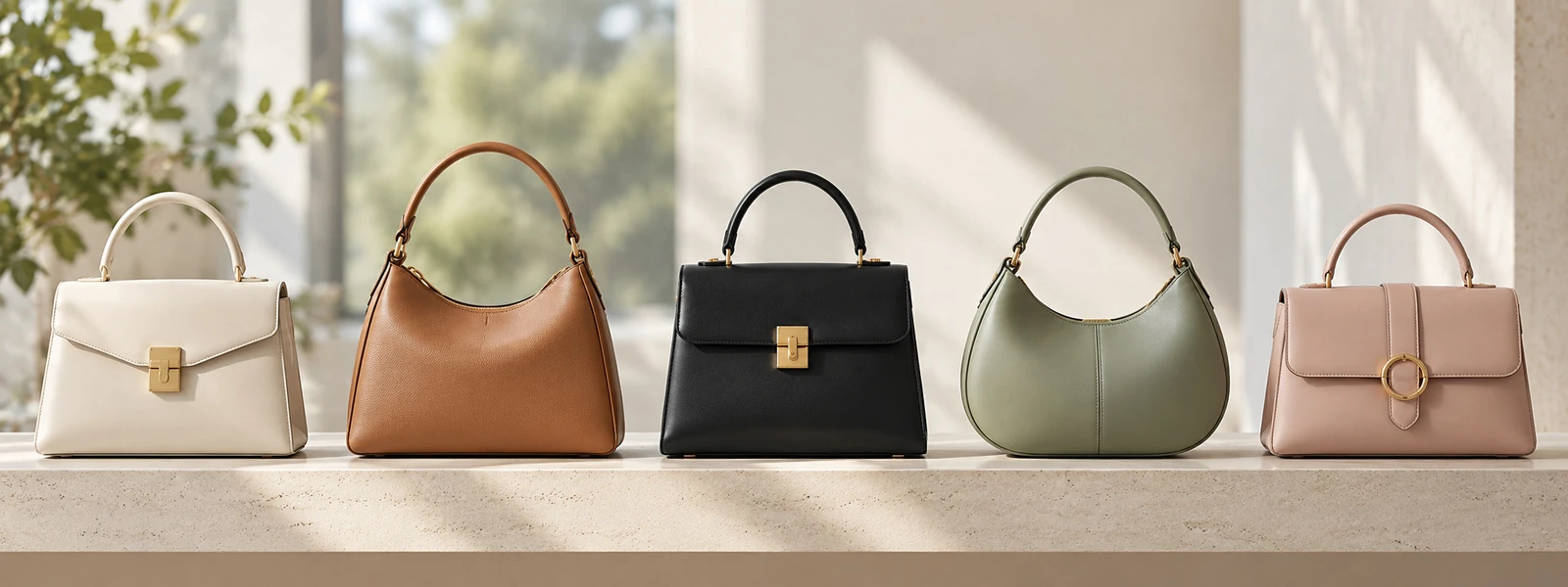 Zhenova handbags on a showroom shelf